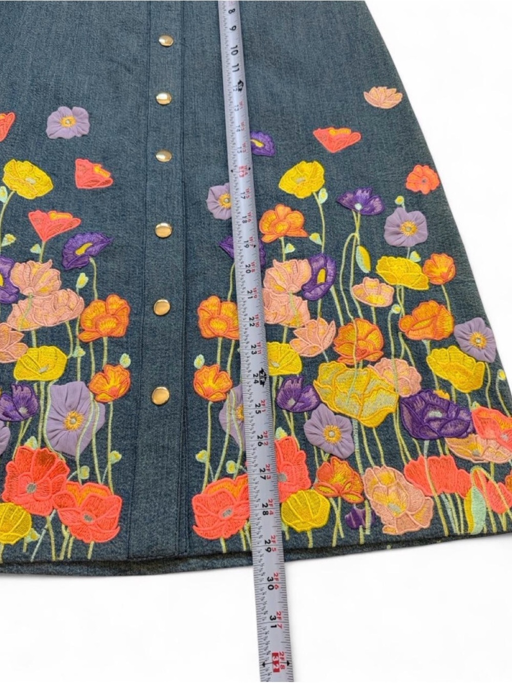 Alice + Olivia Black Denim A-Line Skirt with Multicolor Floral Embroidery - Picture 3 of 10